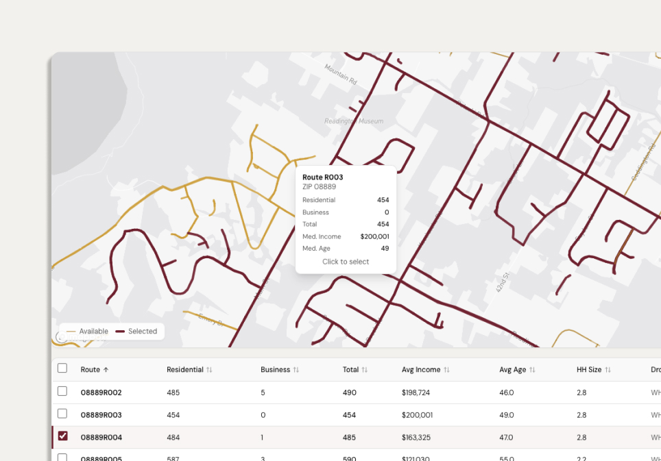 The L&B Route Picker showing carrier routes for a ZIP code
